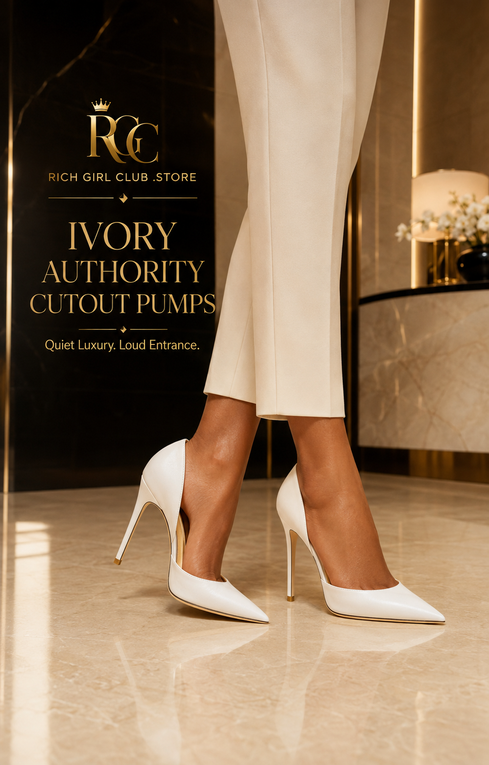 Ivory Authority Cutout Pumps in white with asymmetrical cutout and gold accents, RGC campaign hero