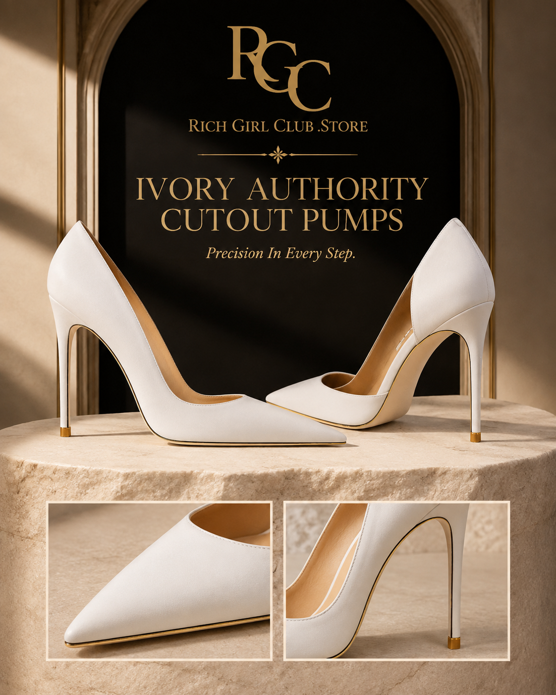 Ivory Authority Cutout Pumps with pointed toe, asymmetrical side cutout, slim stiletto and gold-tone accents