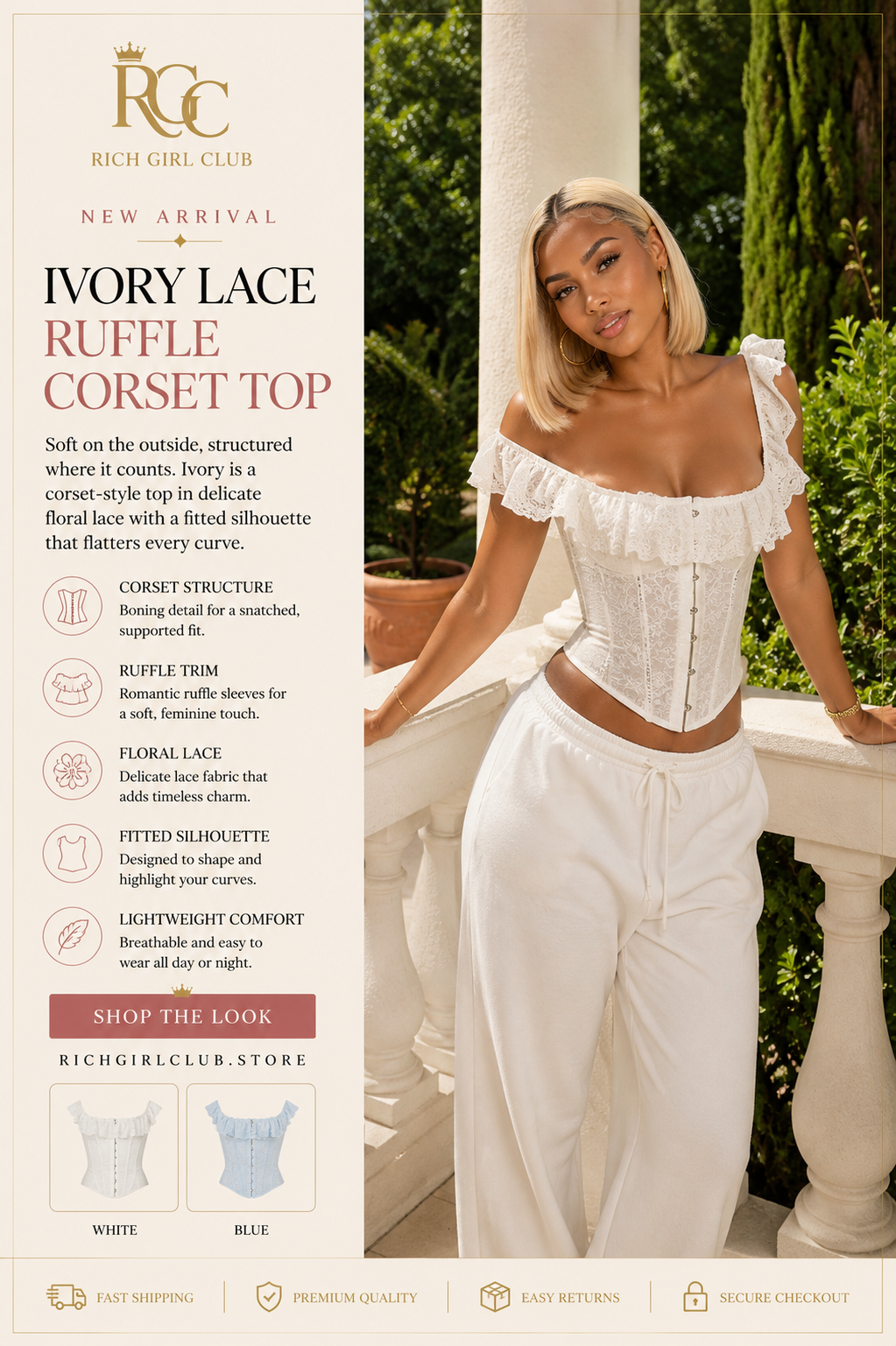 Ivory Lace Ruffle Corset Top - New Arrival lifestyle ad photo, white floral lace corset top