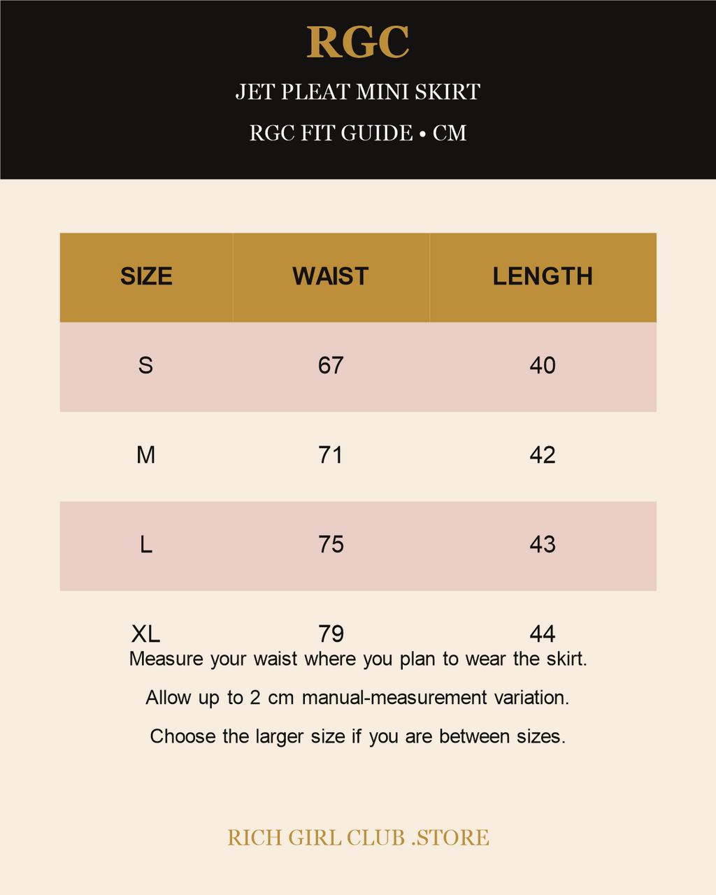 RGC Fit Guide for the Jet Pleat Mini Skirt with verified S through XL waist and length measurements in centimeters.