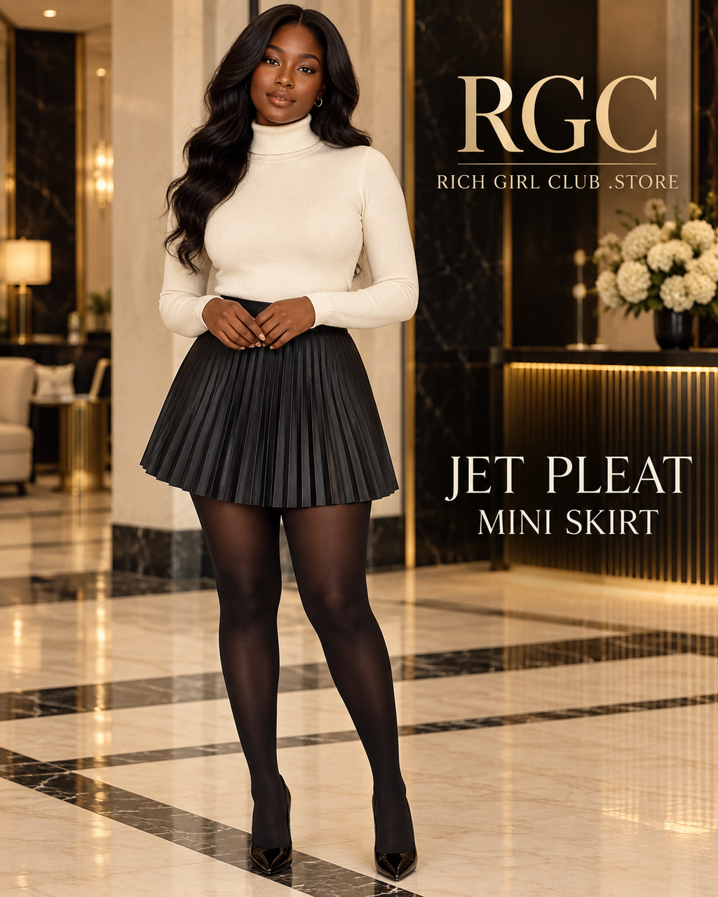 Adult model wearing the black Jet Pleat Mini Skirt with opaque tights in a luxury hotel campaign.