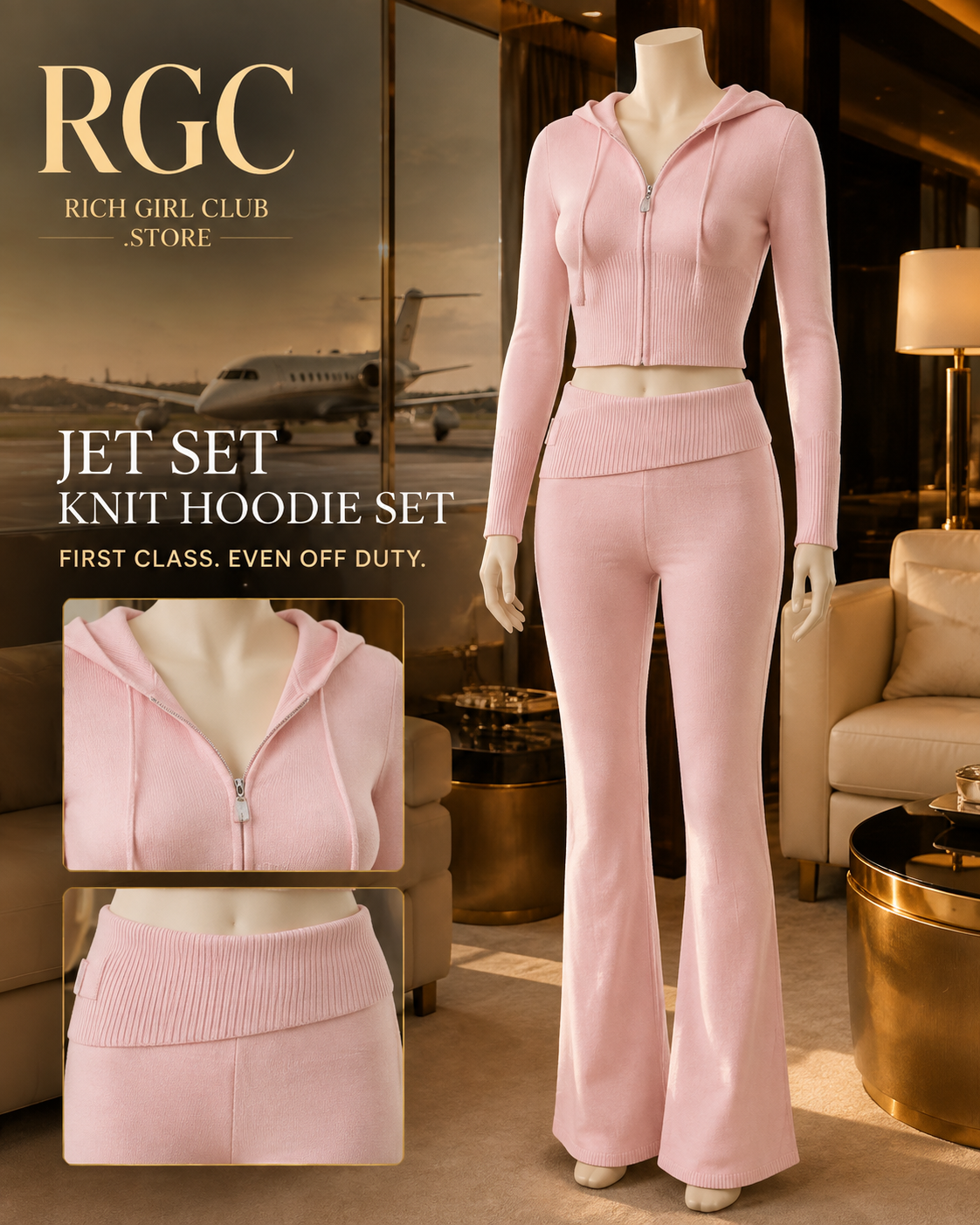 Jet Set Knit Hoodie Set in blush pink on a cream mannequin in a luxury private aviation lounge, with zipper and ribbed waistband detail frames
