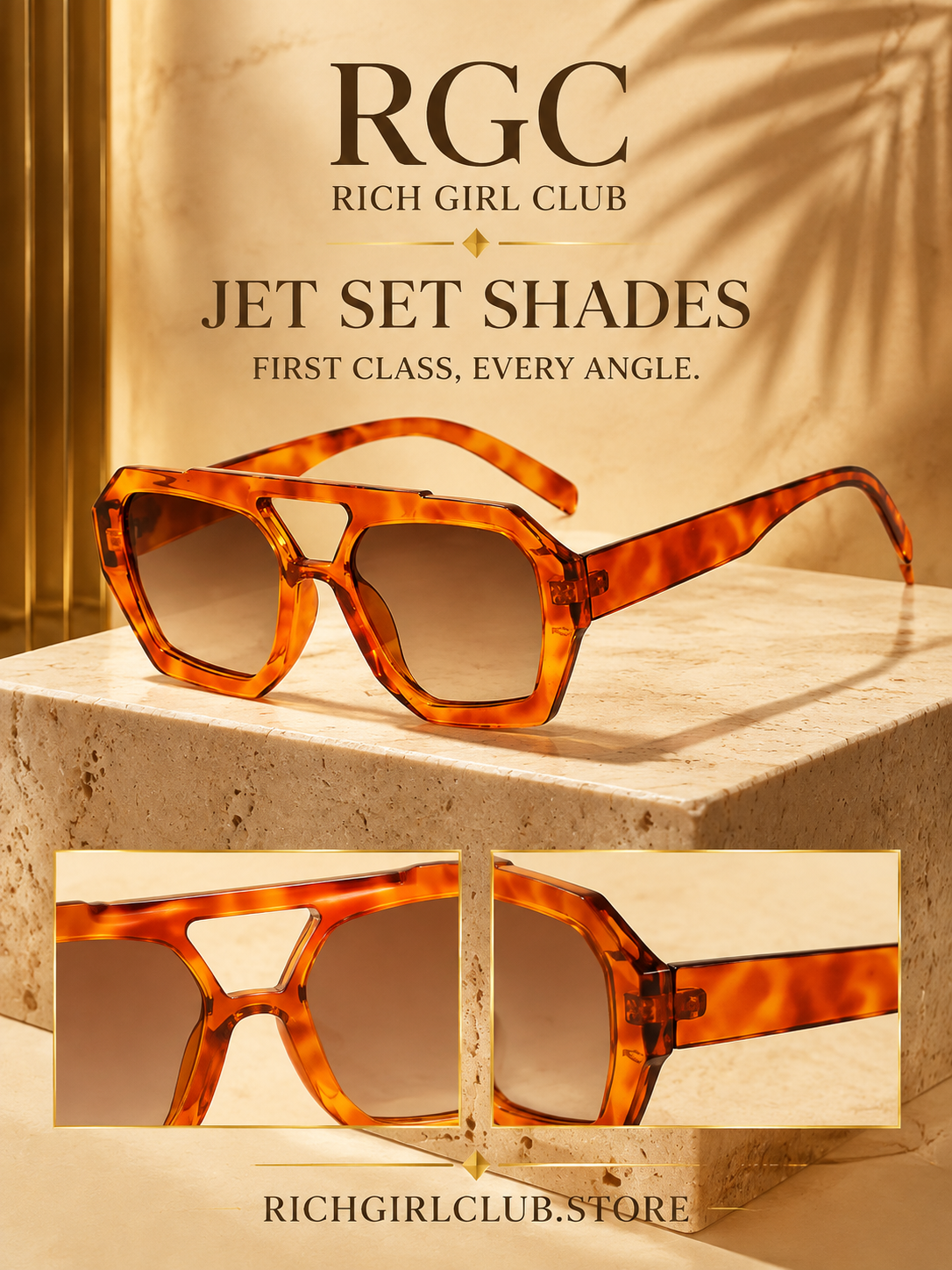 Jet Set Shades RGC product detail campaign featuring oversized tortoiseshell angular frames, bridge cutout, and thick temples