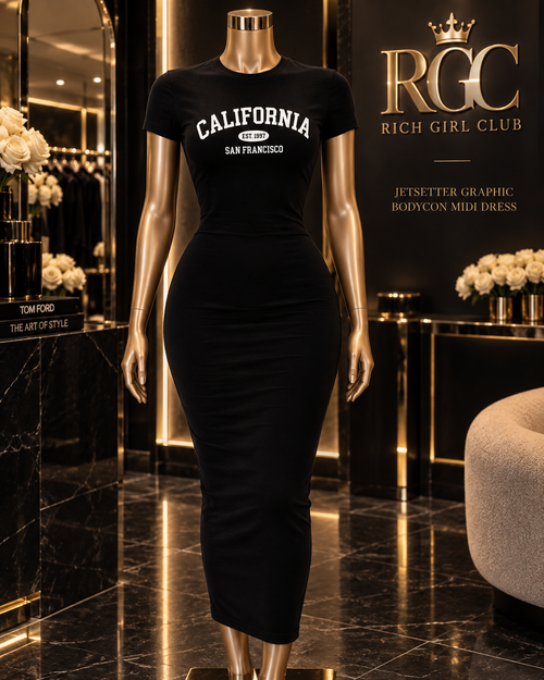 Jetsetter Graphic Bodycon Midi Dress in black with California graphic