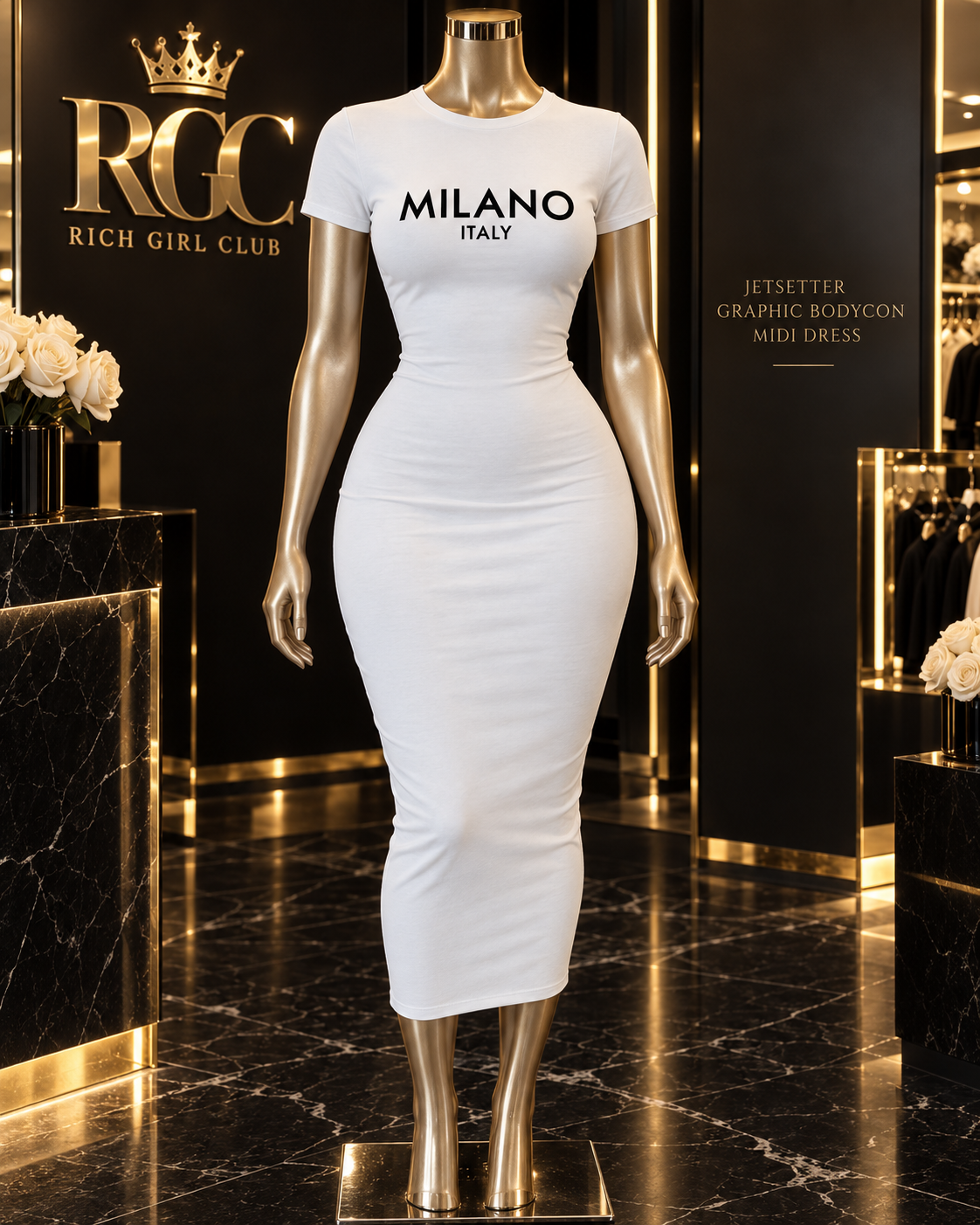 Jetsetter Graphic Bodycon Midi Dress in white with Milano graphic