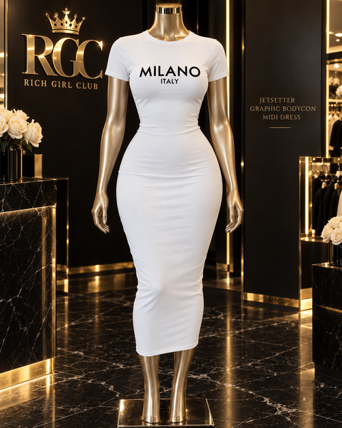 Jetsetter Graphic Bodycon Midi Dress in white with Milano graphic