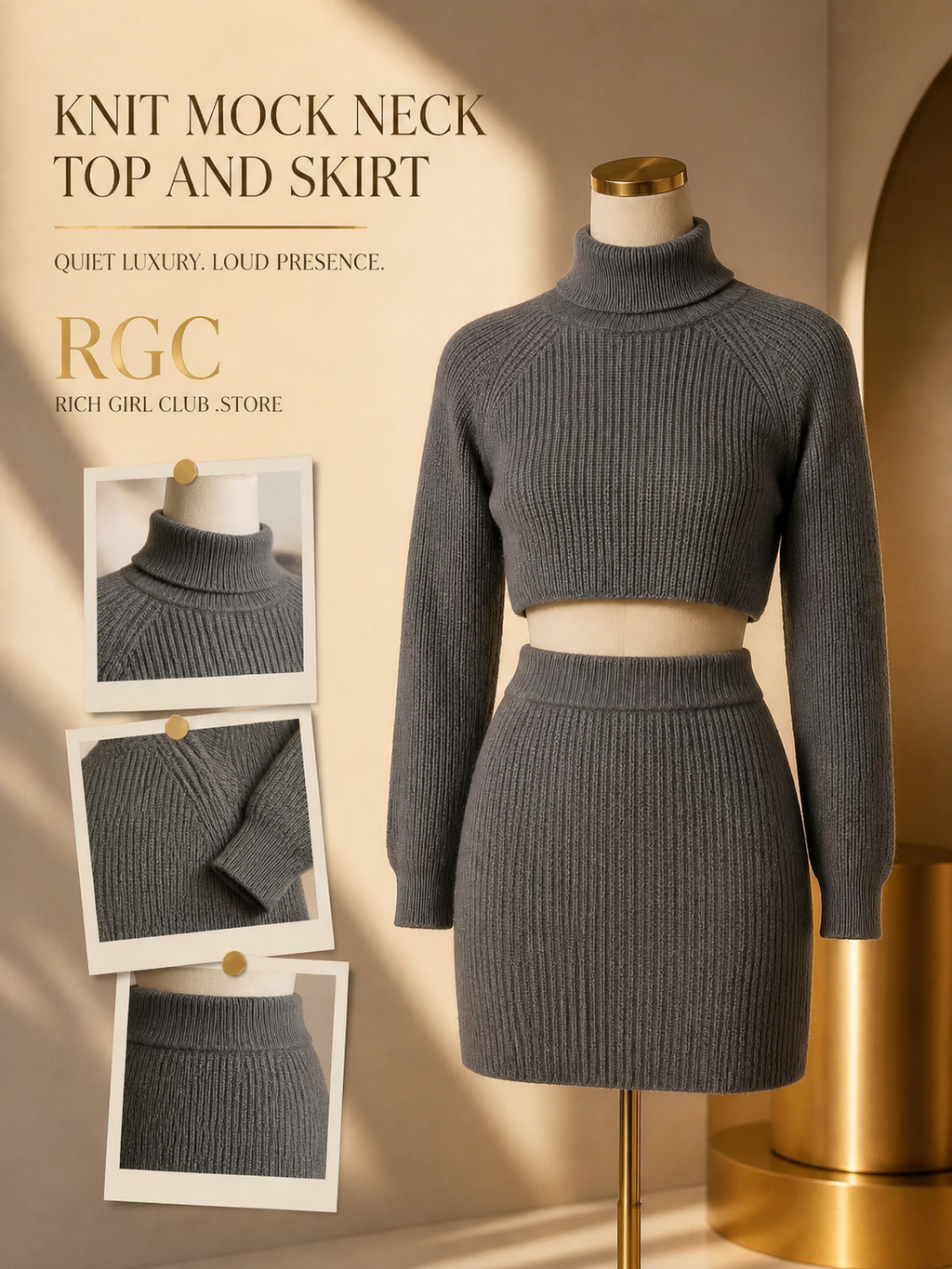 RGC mannequin detail campaign showing the charcoal-gray Knit Mock Neck Top And Skirt rib texture, folded neck, sleeve cuff, and skirt waistband