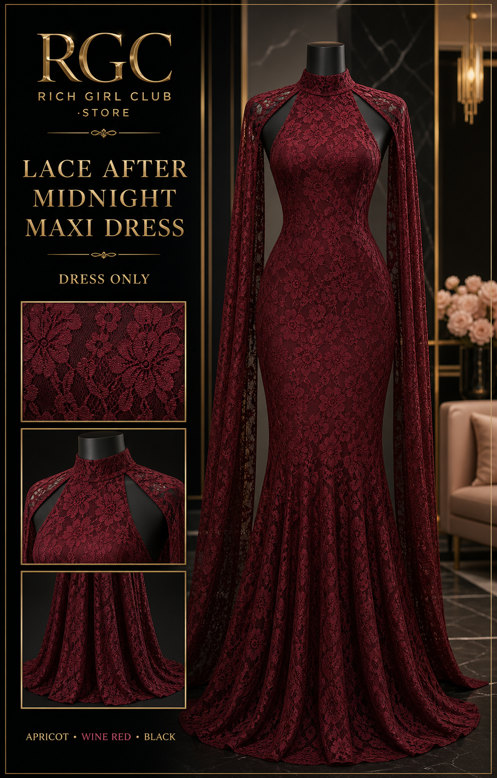 Lace After Midnight Maxi Dress wine-red mannequin detail showing the floral lace, high choker neck, cape shoulders, fitted silhouette, and fishtail hem.