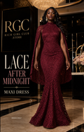 Lace After Midnight Maxi Dress in wine red on a confident adult model in an RGC luxury hotel campaign.