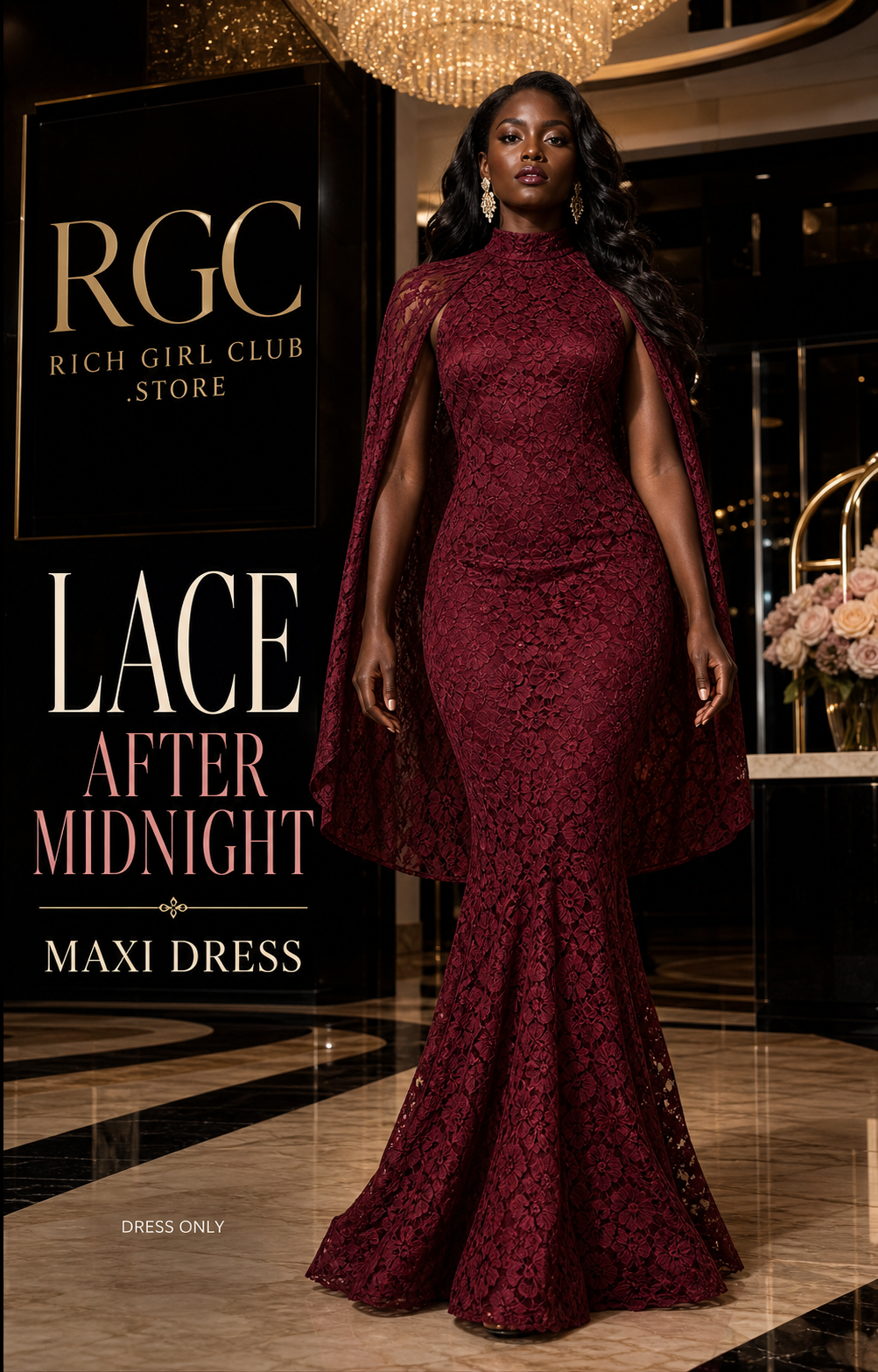 Lace After Midnight Maxi Dress in wine red on a confident adult model in an RGC luxury hotel campaign.