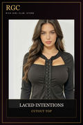 RGC campaign hero featuring the black Laced Intentions Cutout Top on an authentic supplier model.