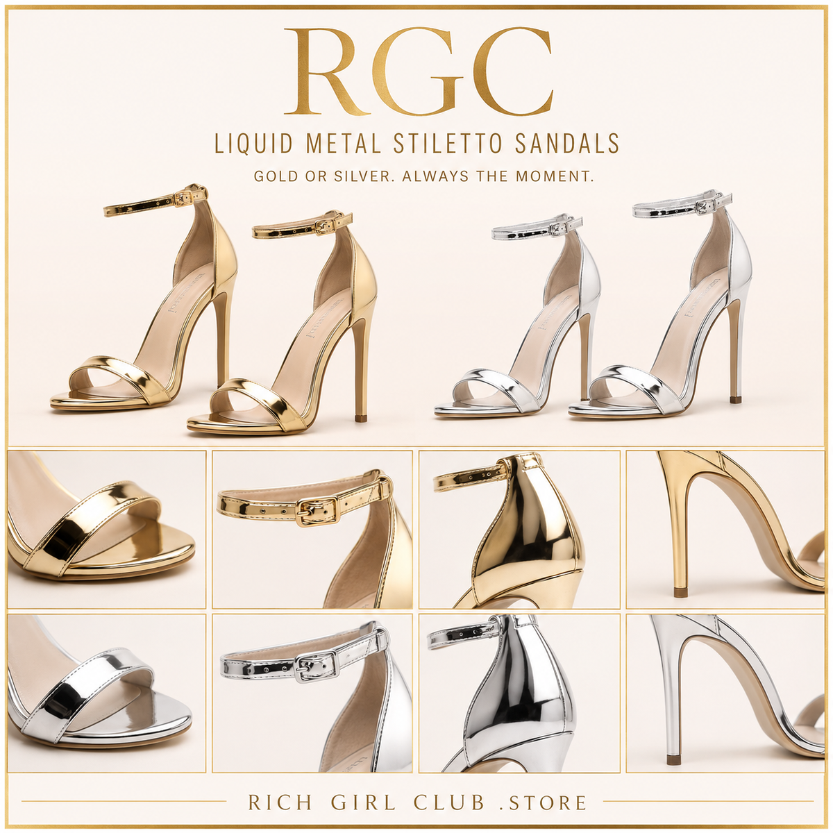 RGC detail showing gold and silver Liquid Metal Stiletto Sandals