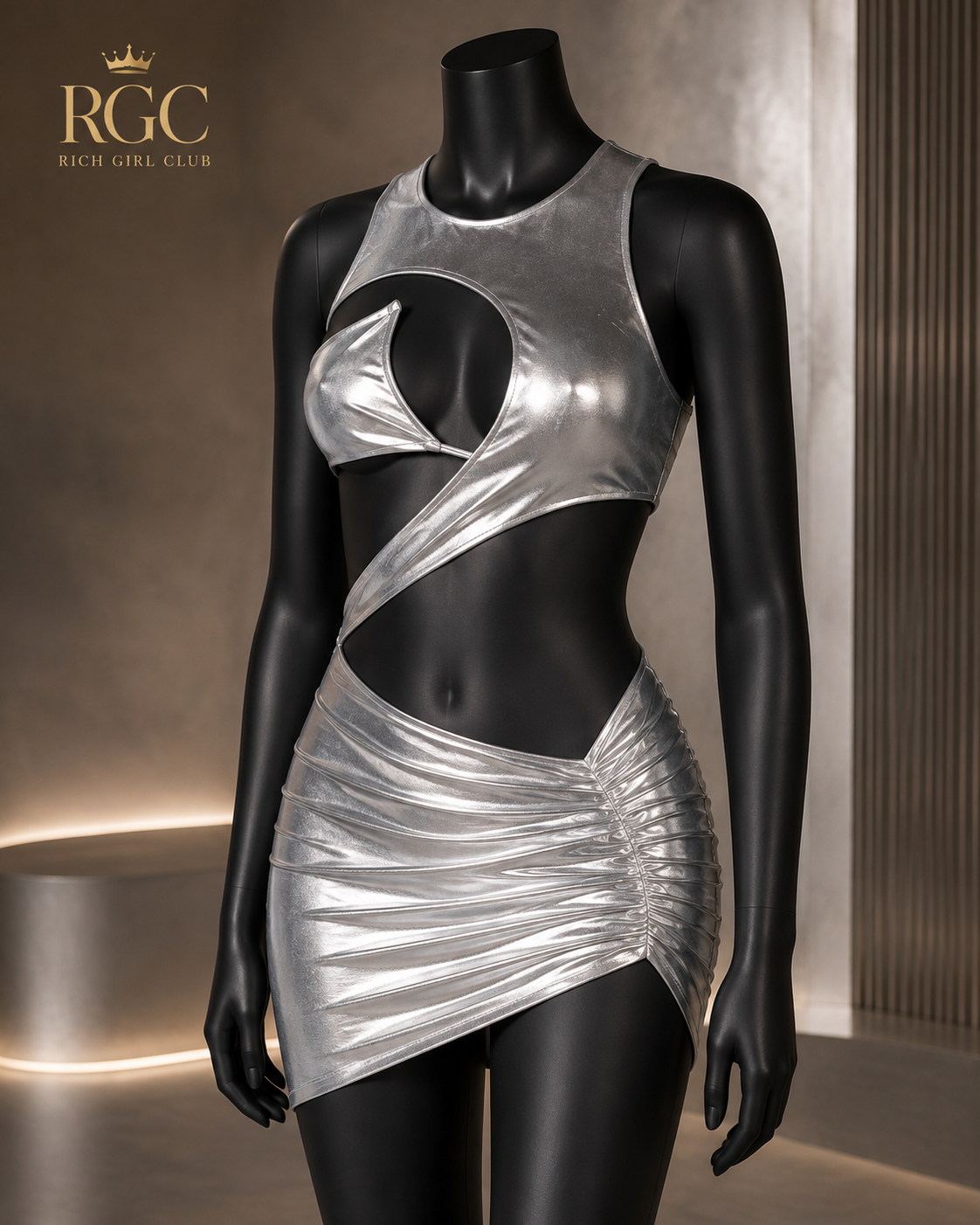 Liquid Silver Ruched Open-Back Mini Dress on a black mannequin, showing the asymmetrical cutout and ruched skirt