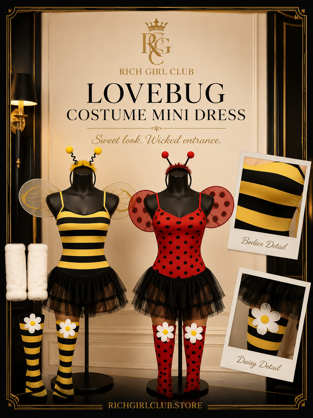 Lovebug Costume Mini Dress bumblebee and ladybug versions on black mannequins with wings, antennae, stockings, and detail frames.