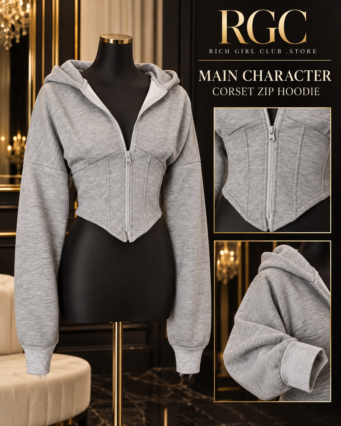 Grey Main Character Corset Zip Hoodie on a black mannequin with zipper, corset-style seams, pointed hem, hood, and cuff details.