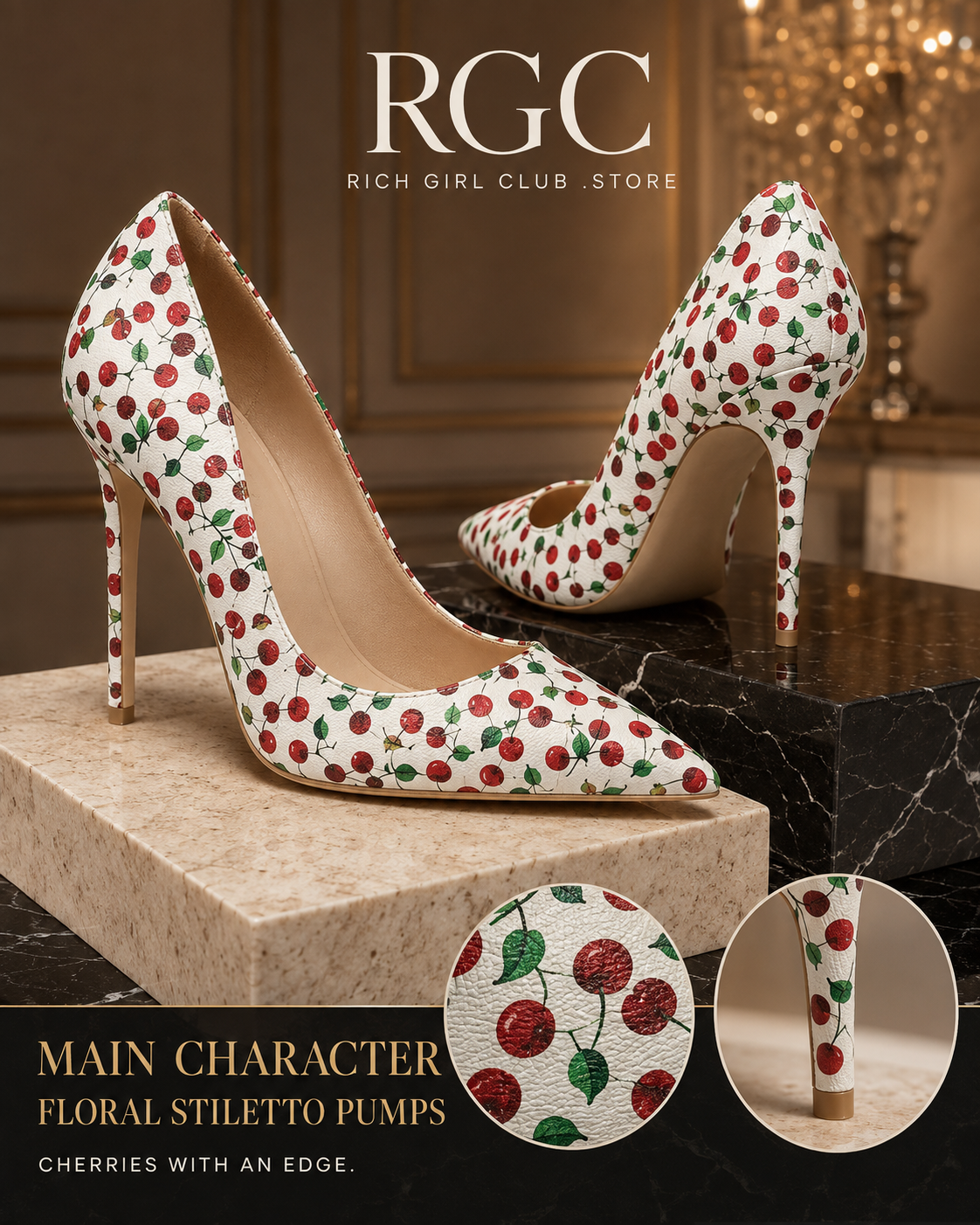 Main Character Floral Stiletto Pumps RGC close-up showing cherry print and wrapped stiletto heel