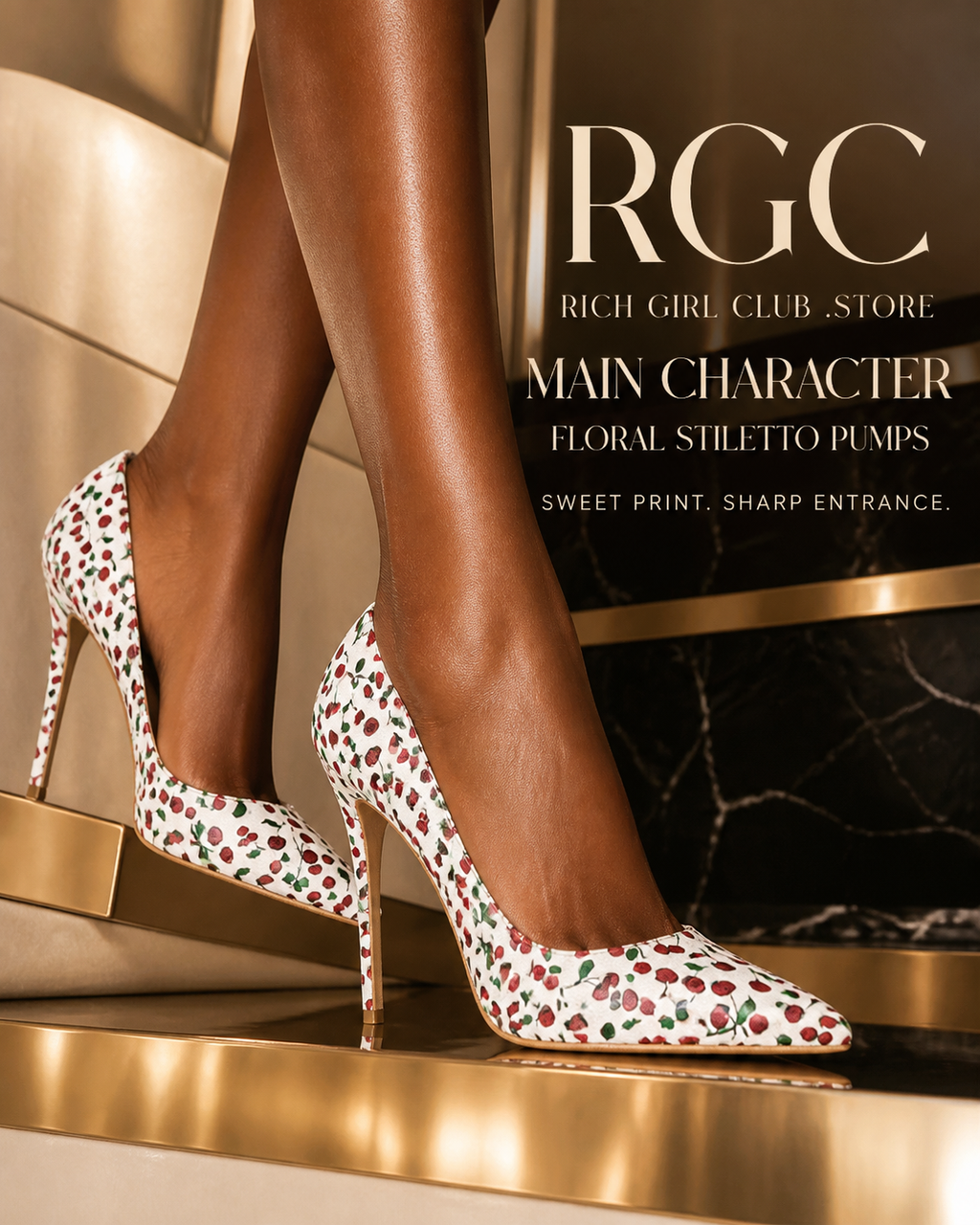 Main Character Floral Stiletto Pumps RGC hero featuring white cherry-print pointed-toe pumps