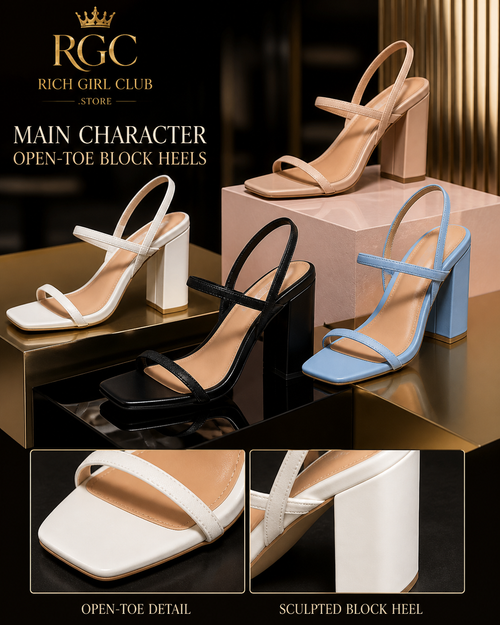 Main Character Open-Toe Block Heels RGC detail showing apricot, black, sky blue, and white