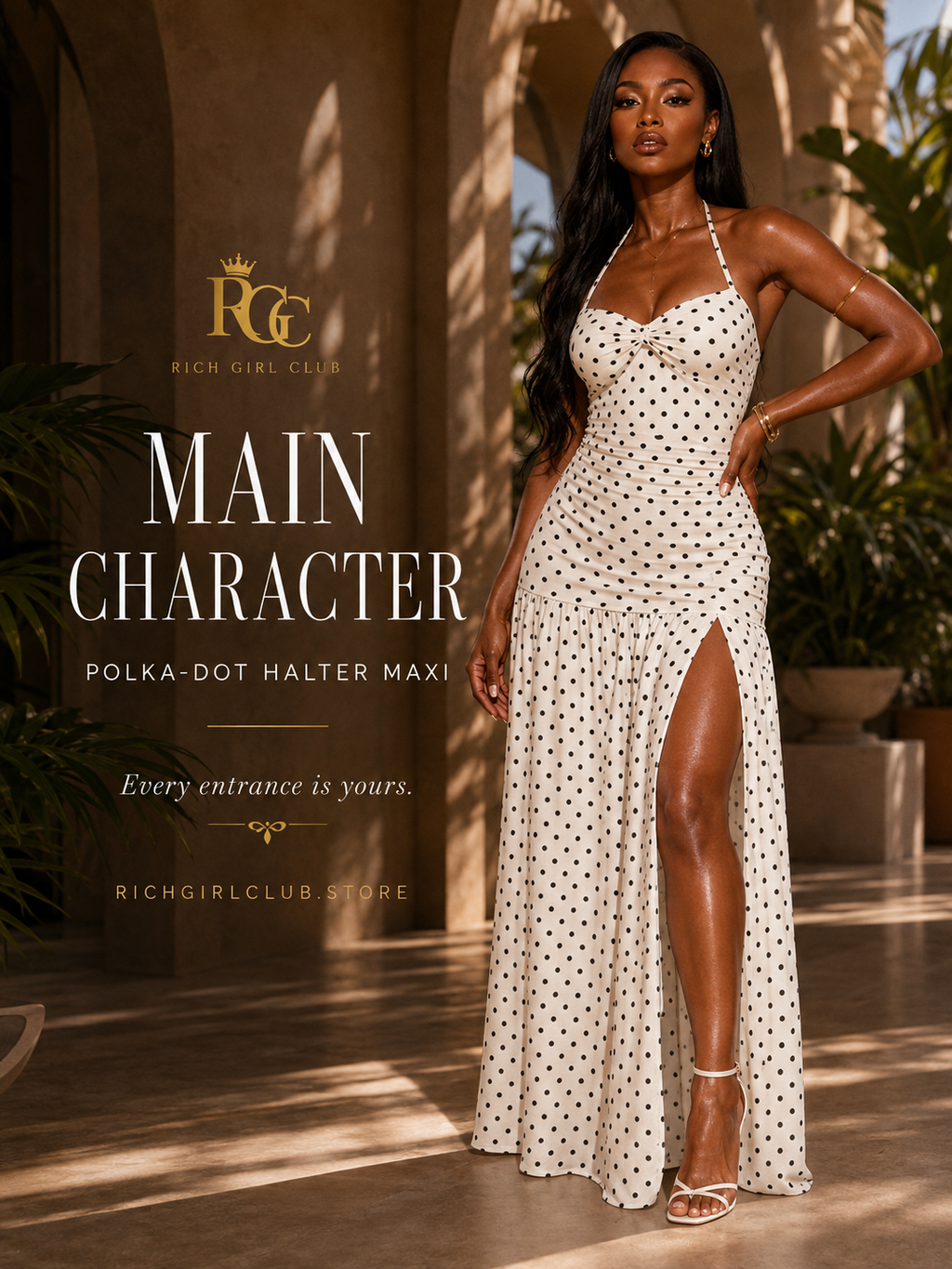 Main Character Polka-Dot Halter Maxi RGC resort campaign