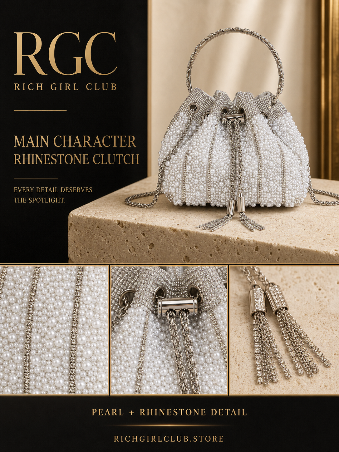 Main Character Rhinestone Clutch RGC product detail campaign showing pearl panels, rhinestone strips, drawstring, and crystal-fringe tassels