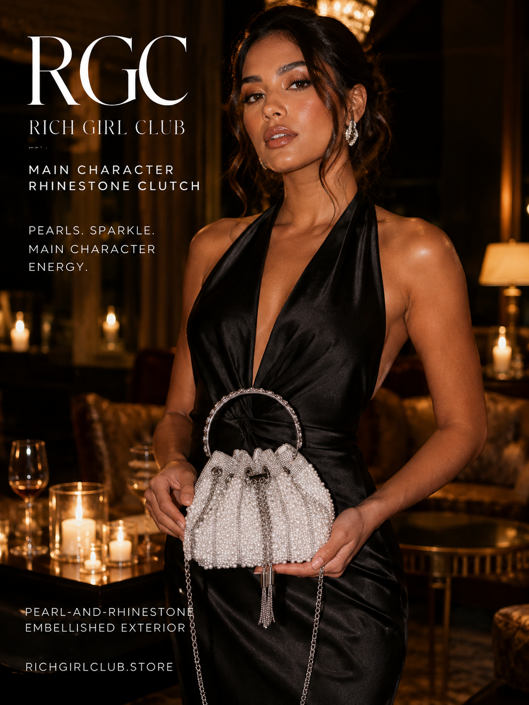 Main Character Rhinestone Clutch RGC campaign hero with an adult model holding the silver pearl-and-rhinestone bucket bag