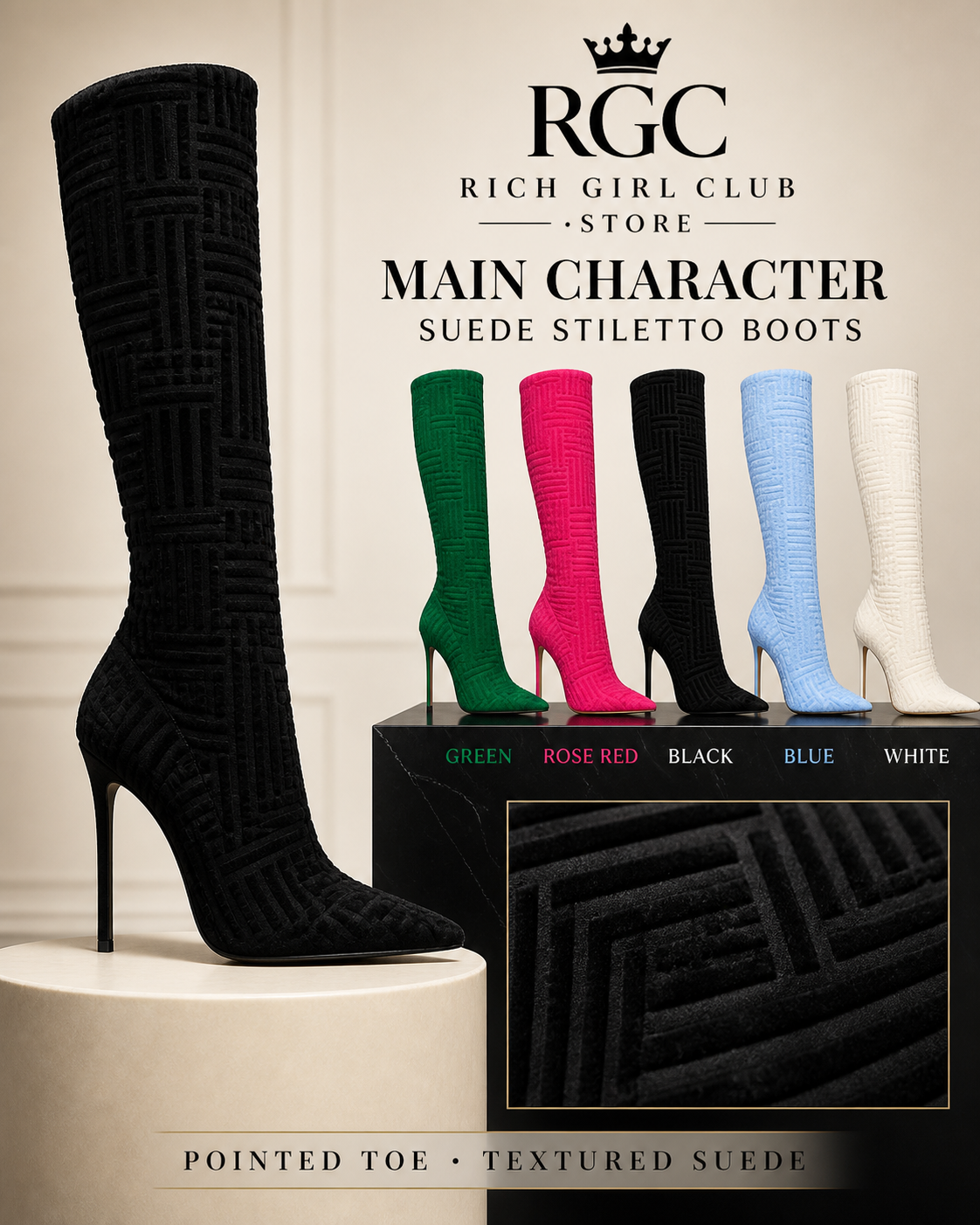 Five-color Main Character Suede Stiletto Boots detail gallery