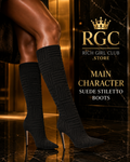 RGC close-up campaign of black Main Character Suede Stiletto Boots