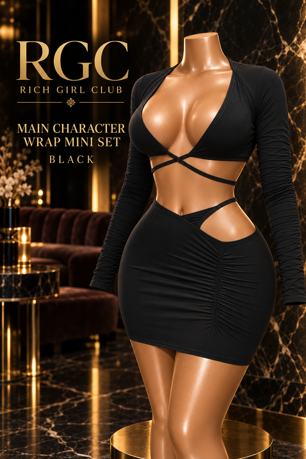 Main Character Wrap Mini Set Black by Rich Girl Club on curvy bronze mannequin; styled digital visualization