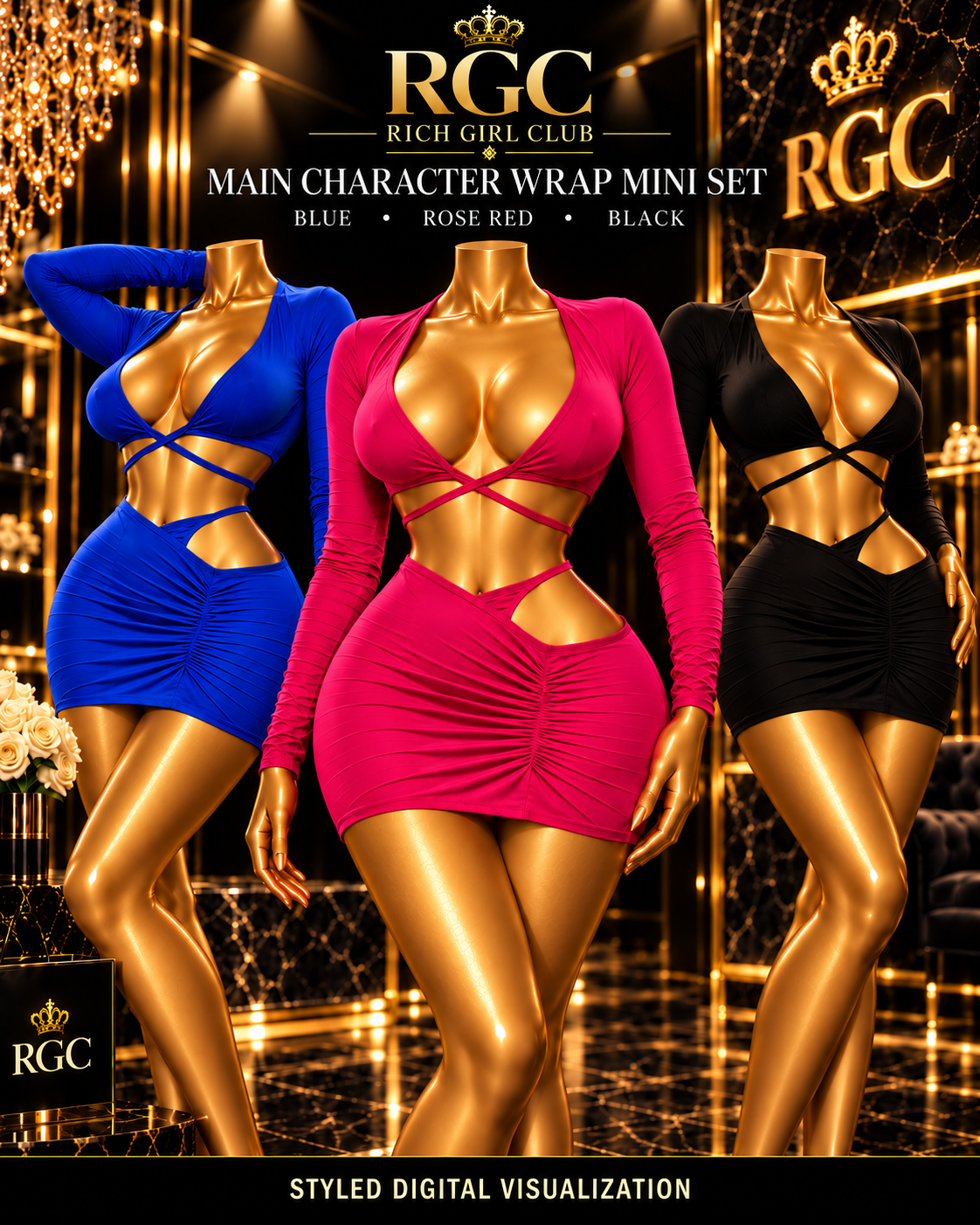 Styled digital visualization: Rich Girl Club Main Character Wrap Mini Set in Blue, Rose Red and Black, left to right, on three curvy bronze mannequins; each outfit has a deep-V wrap crop top with crossed under-bust straps and a separate ruched mini skirt with one hip cutout. One color set per order.