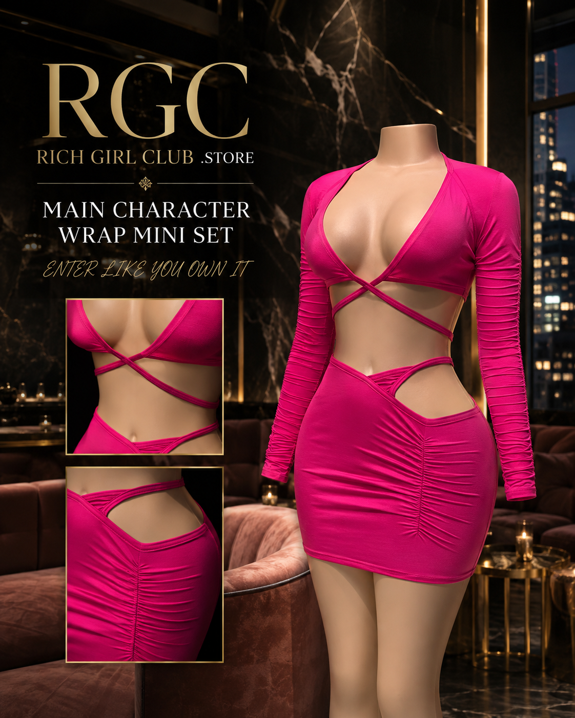 Main Character Wrap Mini Set RGC mannequin detail showing the rose-red wrap ties, long sleeves and ruched hip cutout