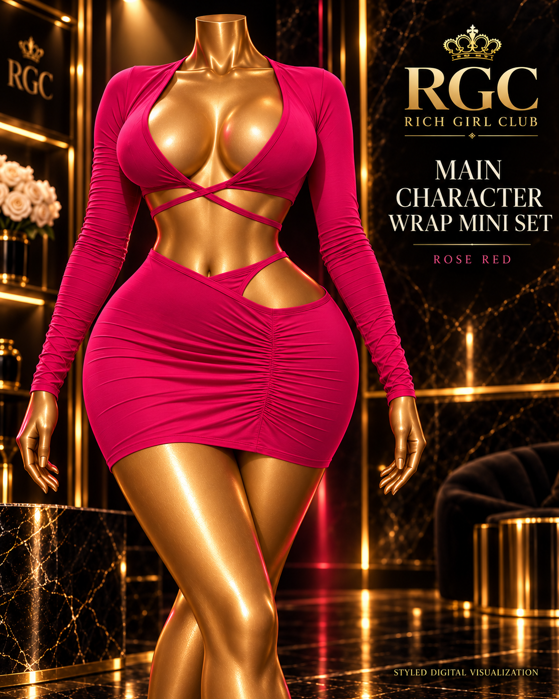 Styled digital visualization: Rich Girl Club Main Character Wrap Mini Set in Rose Red on a curvy bronze Viper mannequin; two-piece deep-V wrap top and ruched cutout mini skirt.