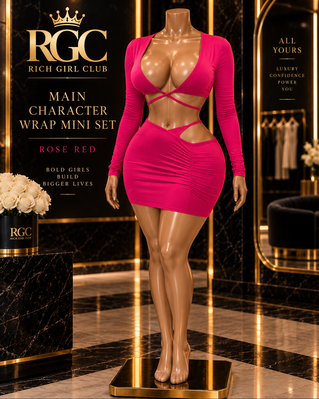 Main Character Wrap Mini Set Rose Red by Rich Girl Club on curvy bronze mannequin; styled digital visualization