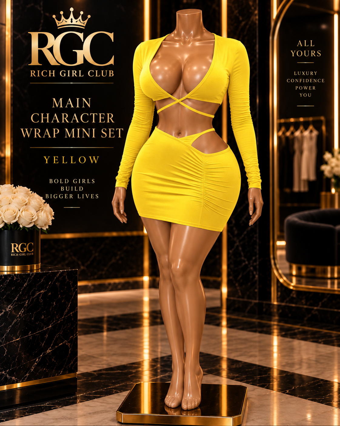 Main Character Wrap Mini Set Yellow by Rich Girl Club on curvy bronze mannequin; styled digital visualization