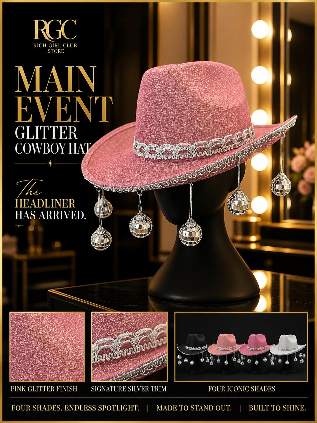 Main Event Glitter Cowboy Hat RGC mannequin and product-detail companion