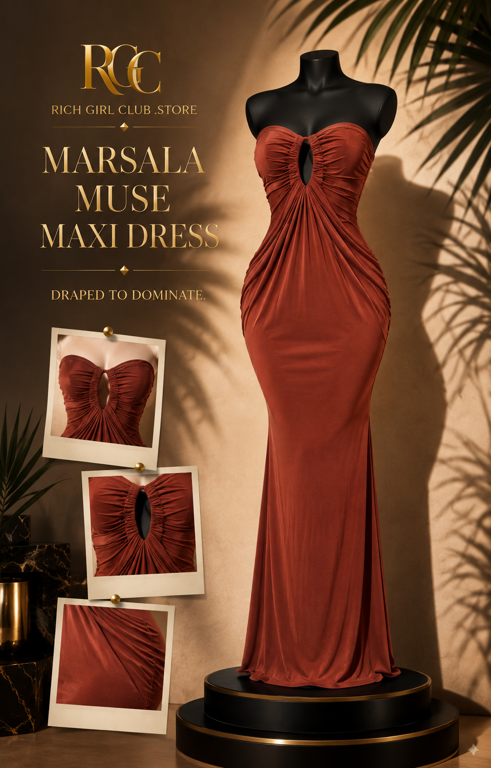 RGC mannequin detail campaign showing the Marsala Muse Maxi Dress