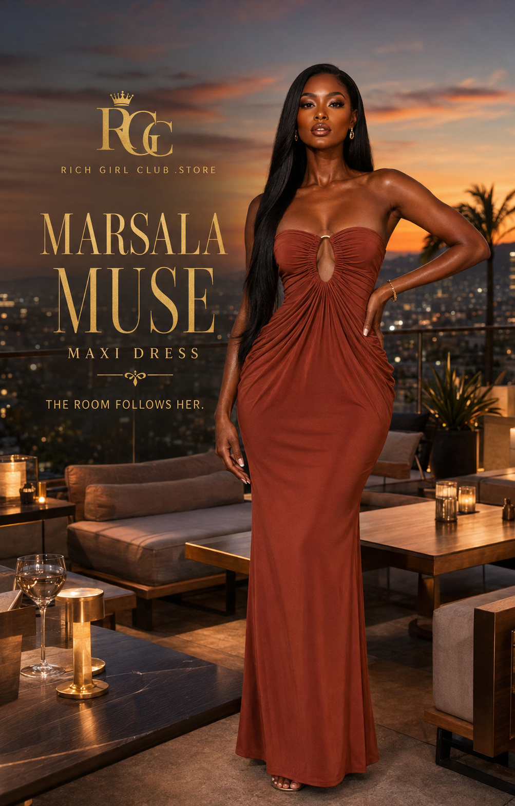 RGC campaign model wearing the Marsala Muse Maxi Dress