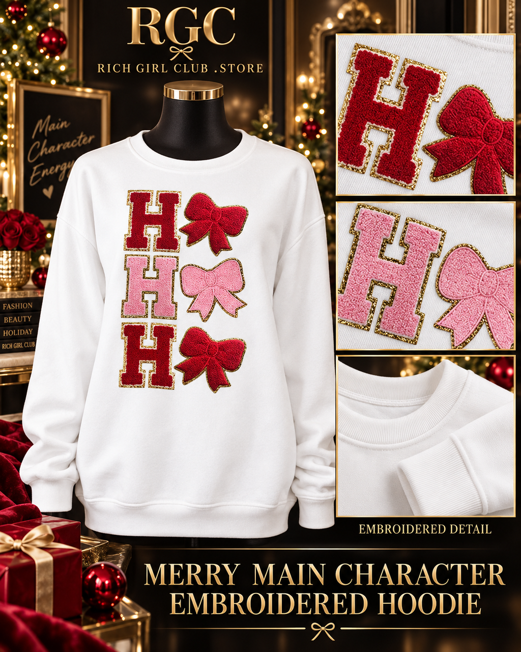 Merry Main Character Embroidered Hoodie on a mannequin with close views of the red and pink embroidered letters, bows, crew neckline, and cuffs.