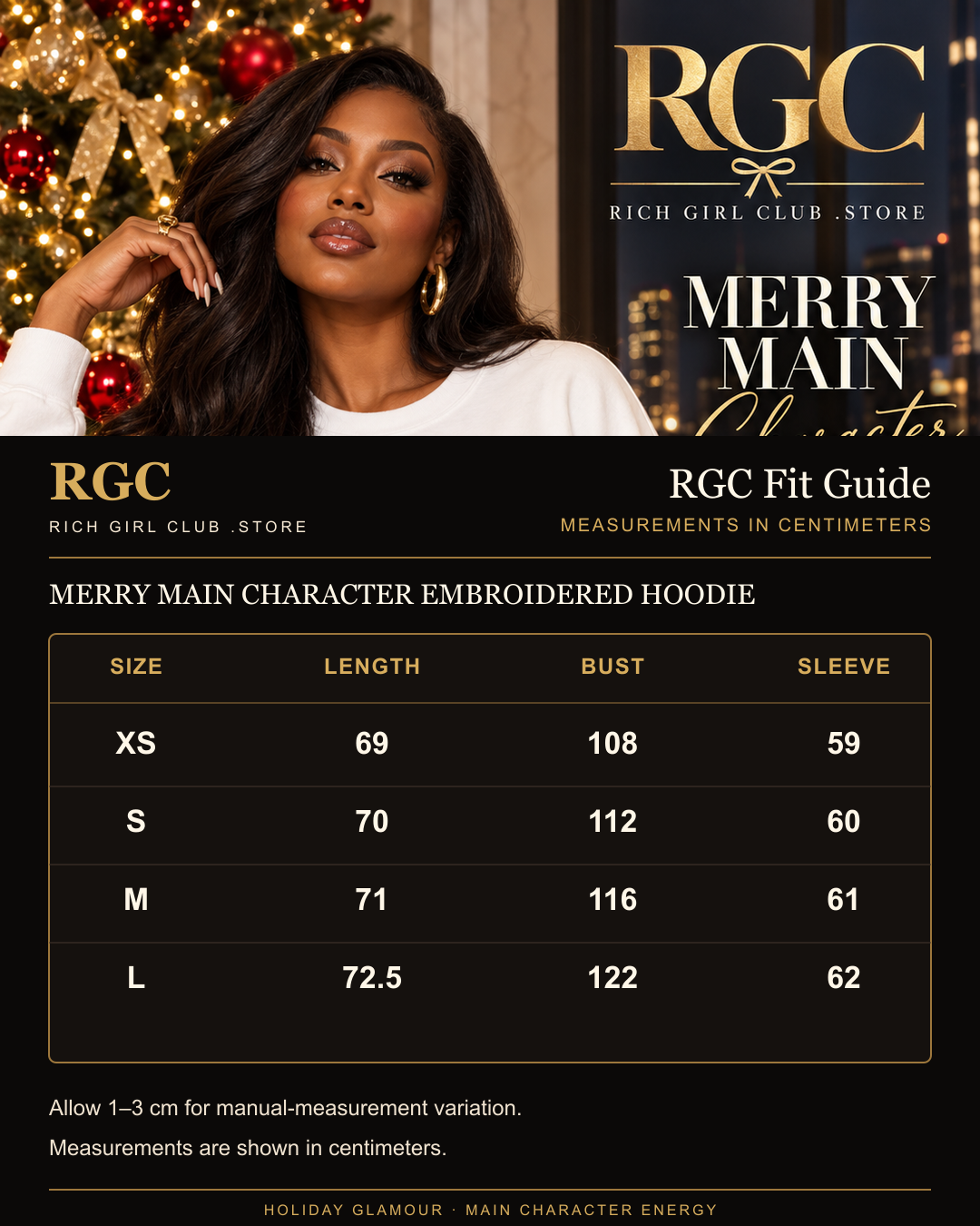 RGC Fit Guide for the Merry Main Character Embroidered Hoodie showing XS through L length, bust, and sleeve measurements in centimeters.