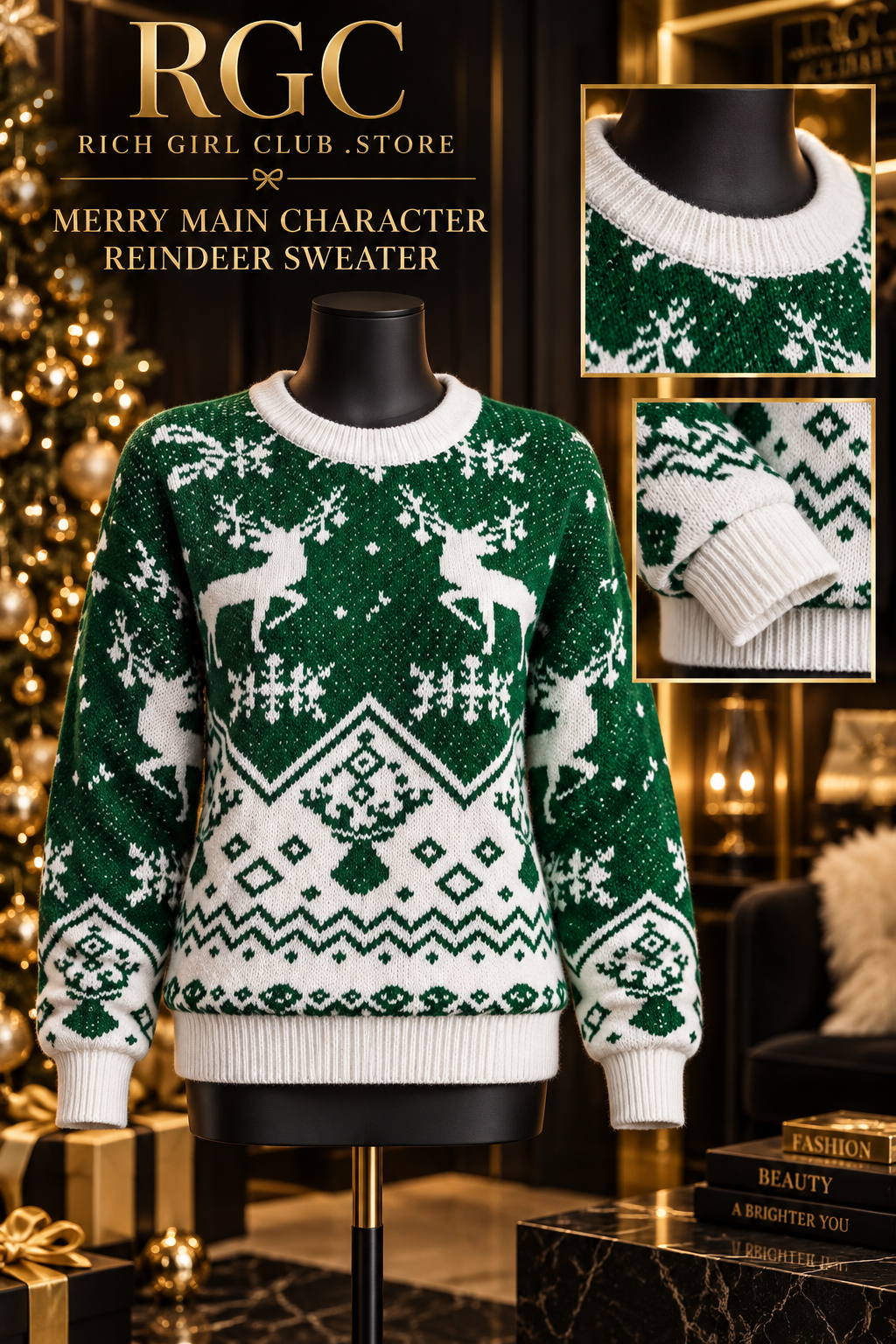 Green and white Merry Main Character Reindeer Sweater on a black mannequin with close views of the knit, crew neck, cuff, and hem.