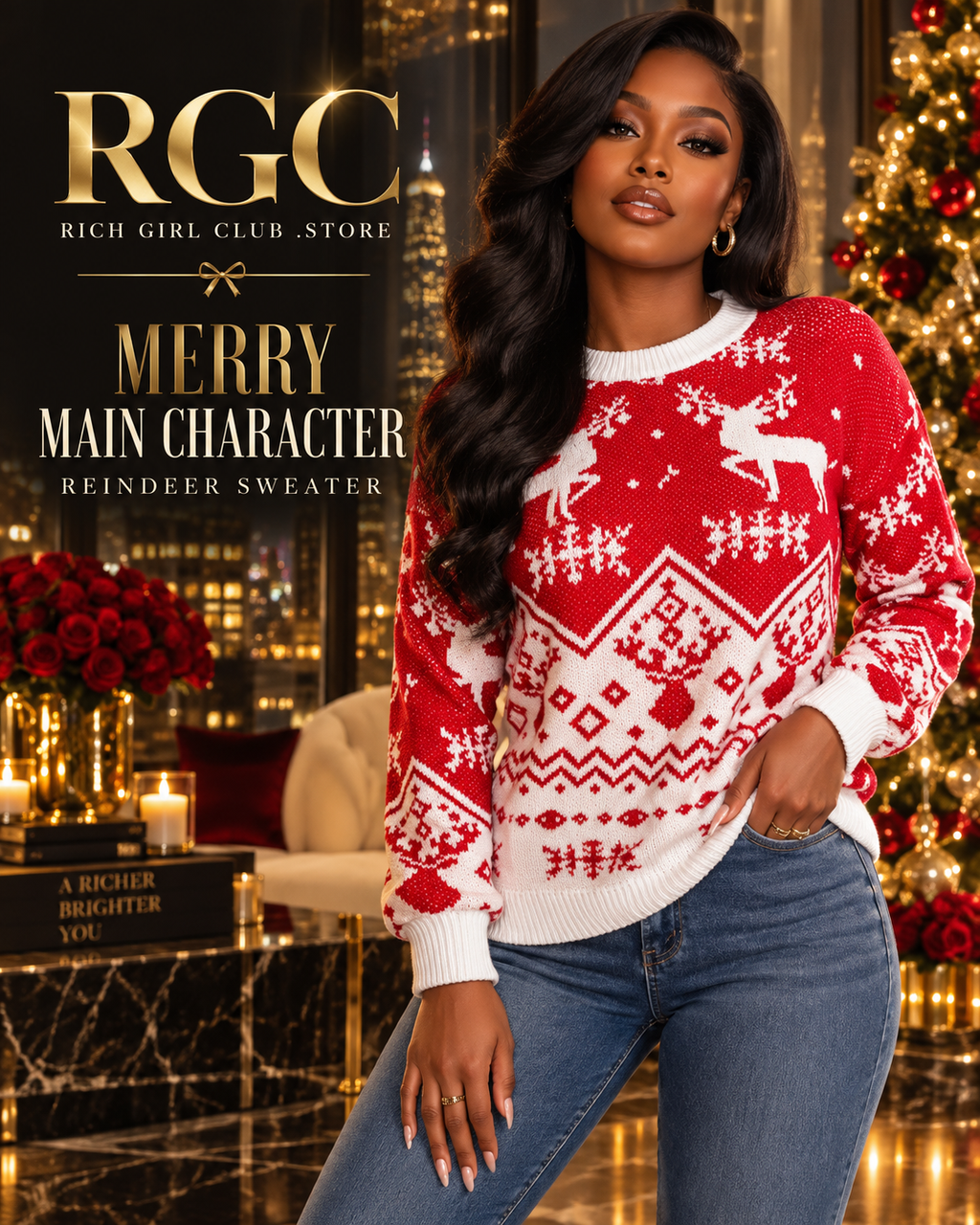 Merry Main Character Reindeer Sweater in red and white on an adult model in a champagne-lit holiday penthouse, RGC campaign hero.