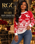 Merry Main Character Reindeer Sweater in red and white on an adult model in a champagne-lit holiday penthouse, RGC campaign hero.