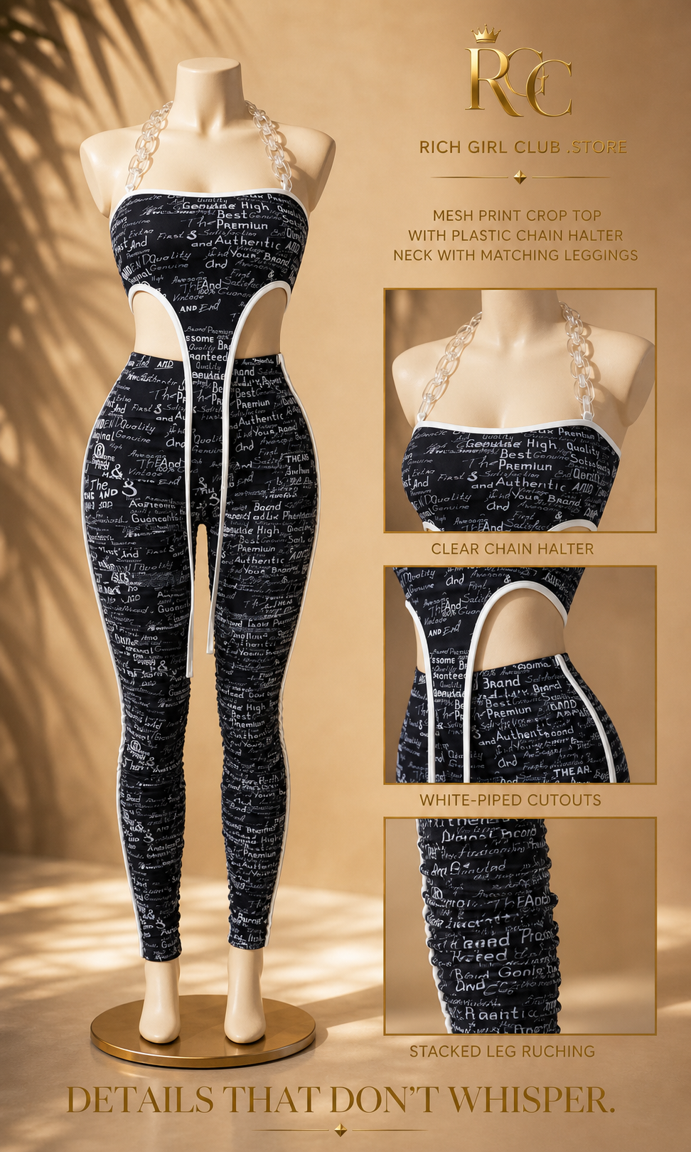 RGC mannequin detail campaign for the black-and-white mesh-print chain-halter crop top and matching ruched leggings