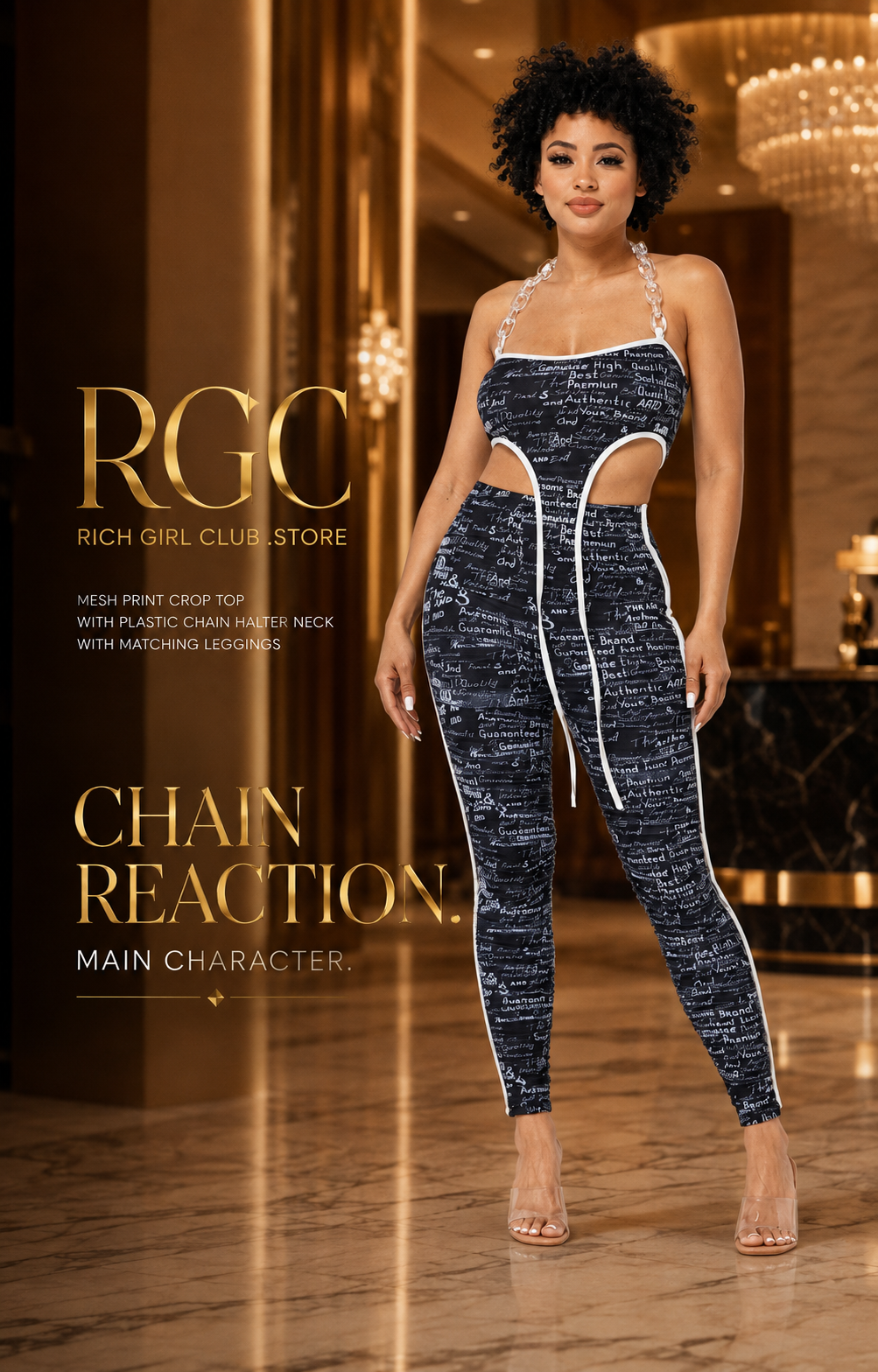 RGC campaign hero showing an adult Black model in the black-and-white mesh-print chain-halter crop top and matching ruched leggings