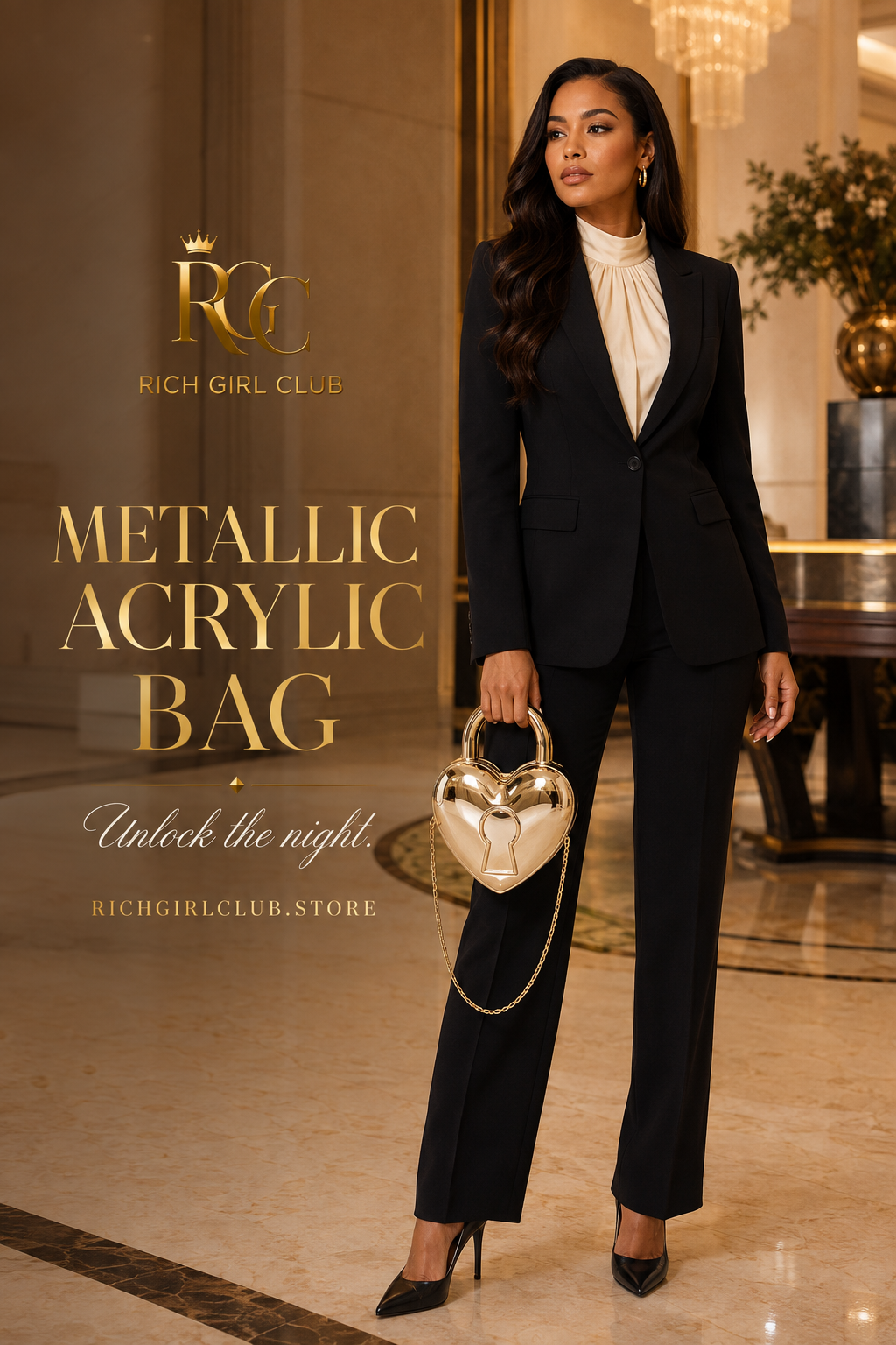 RGC campaign hero showing an Afro-Latina model carrying the gold heart-shaped Metallic Acrylic Bag