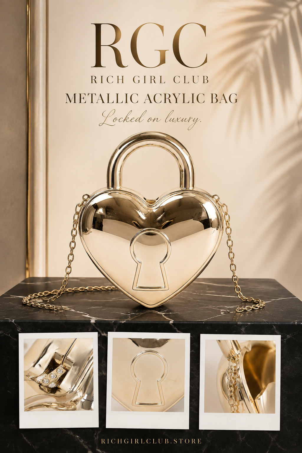 RGC product detail campaign for the gold heart-shaped Metallic Acrylic Bag with keyhole motif, clasp and chain