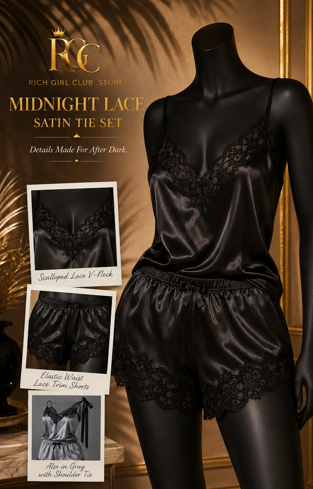 Midnight Lace Satin Tie Set on a black mannequin with close details of scalloped lace neckline, elastic waist, and lace-trim shorts