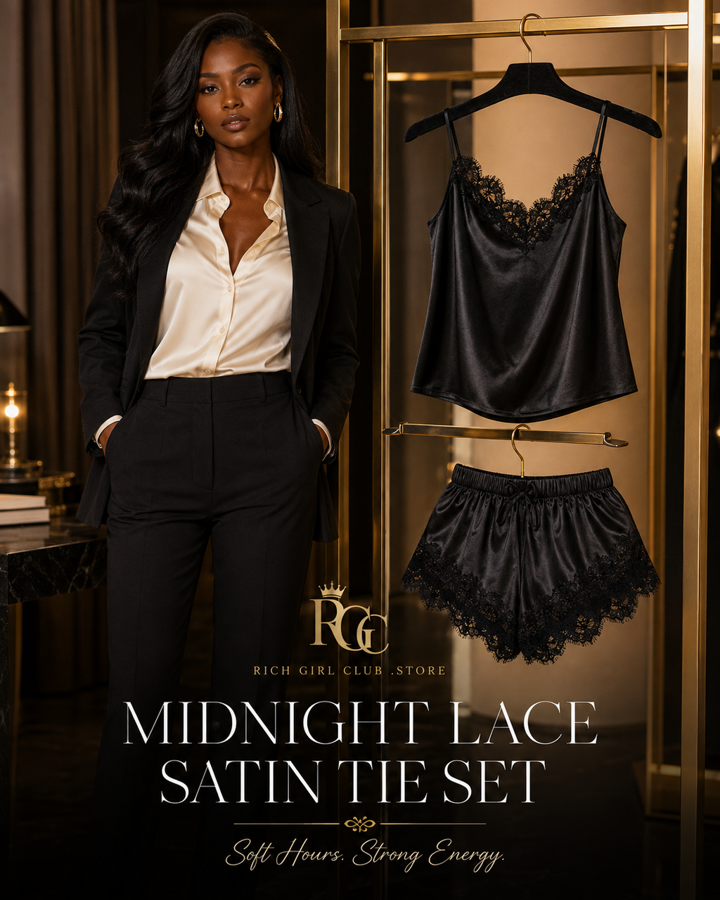 Midnight Lace Satin Tie Set RGC campaign with an adult model beside the exact black satin camisole and lace-trim shorts