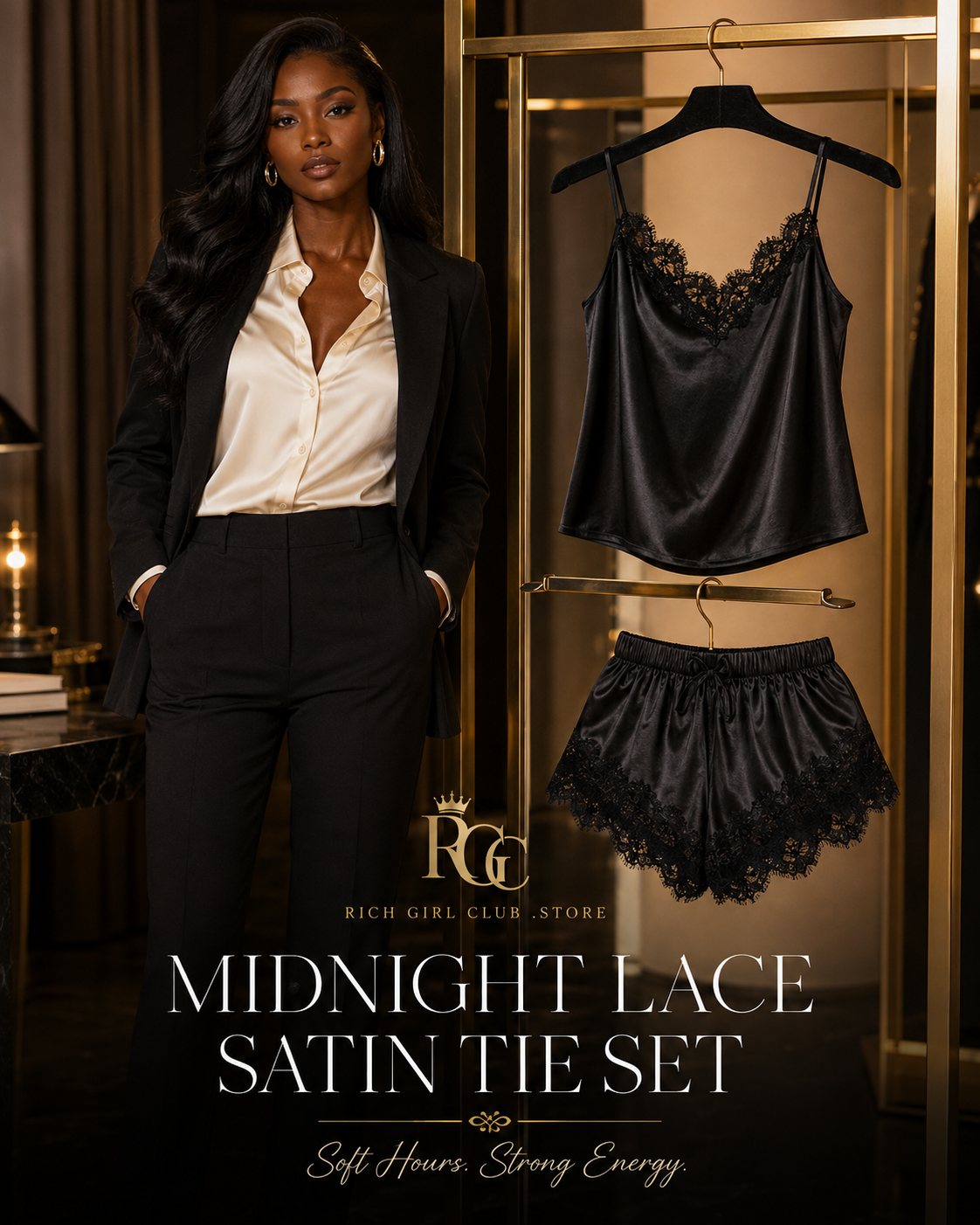 Midnight Lace Satin Tie Set RGC campaign with an adult model beside the exact black satin camisole and lace-trim shorts