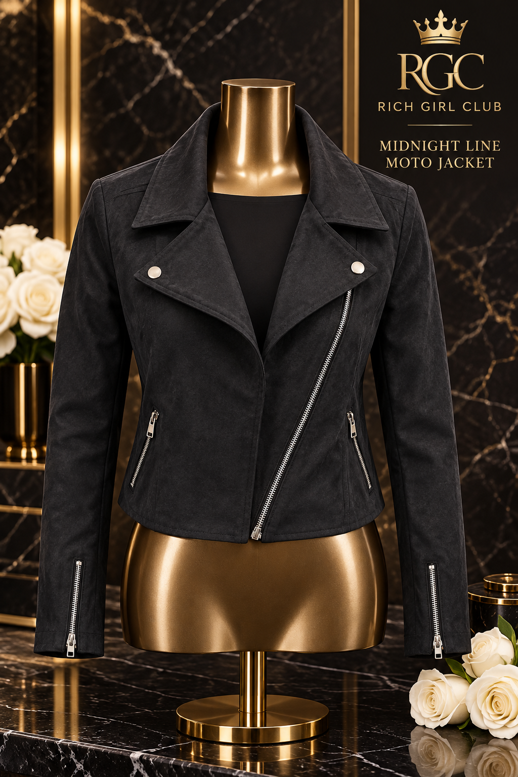 Midnight Line Moto Jacket front construction detail with diagonal zipper, two zip pockets, and RGC branding