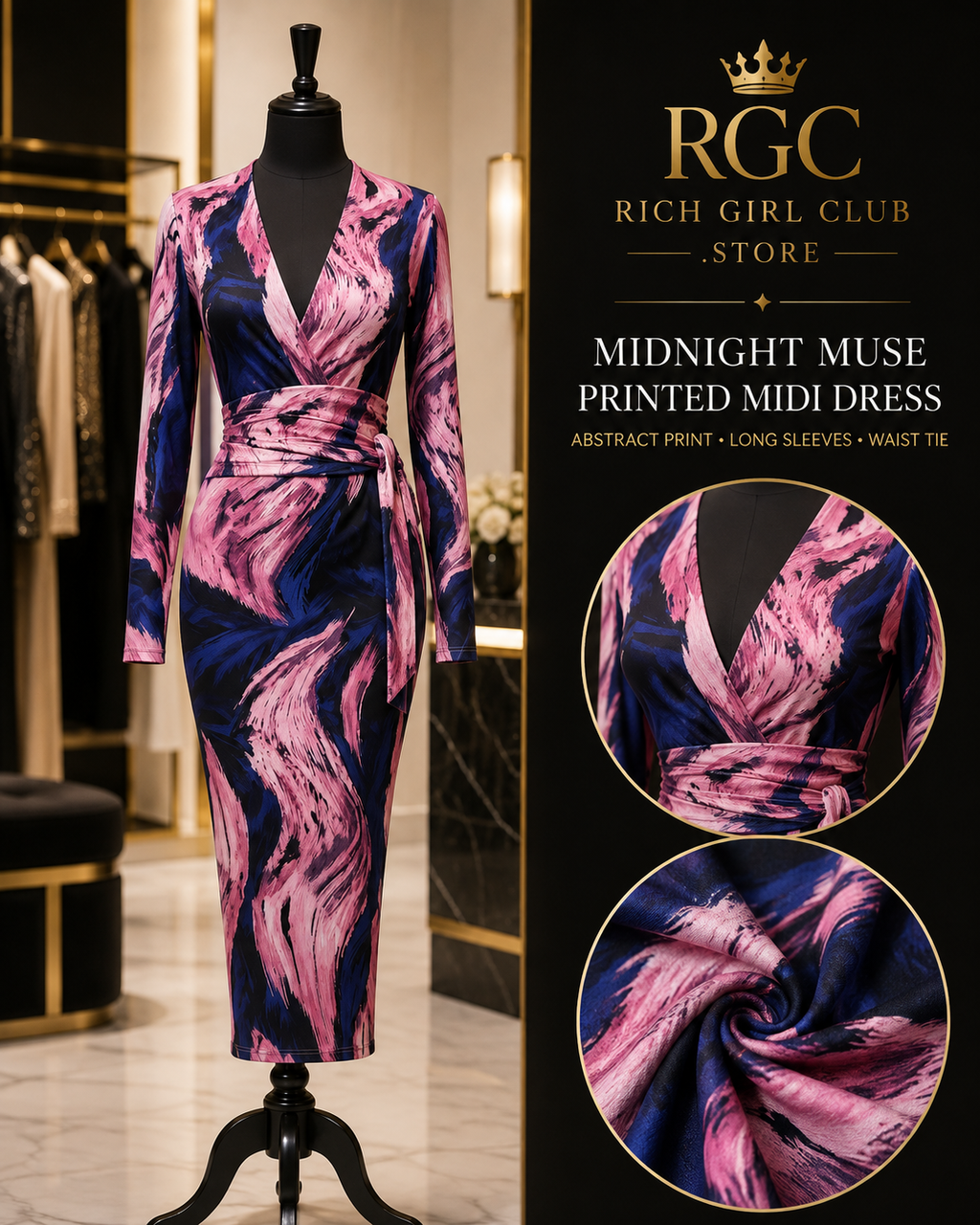 Midnight Muse Printed Midi Dress mannequin detail showing abstract print, long sleeves and waist tie